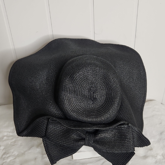 Black Kentucky Derby Wide Brim Floppy  Bow Straw Sun Hat Beachy Coastal Classy main image 6